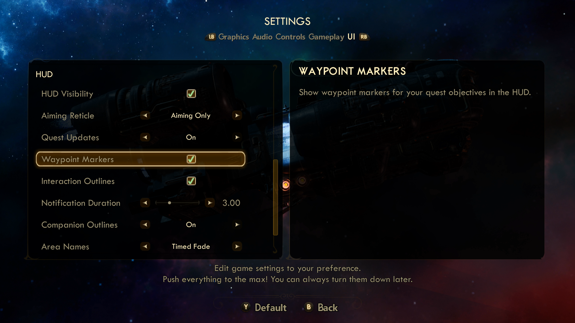 UI settings in The Outer Worlds. The player is focused on the setting waypoint markers selection, and it's toggled on. The quest updates setting is also on.