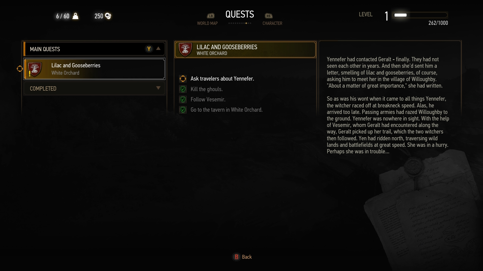 A screenshot of the Quests menu from The Witcher 3: Wild Hunt. The main quest, called "lilac and gooseberries," has focus.
