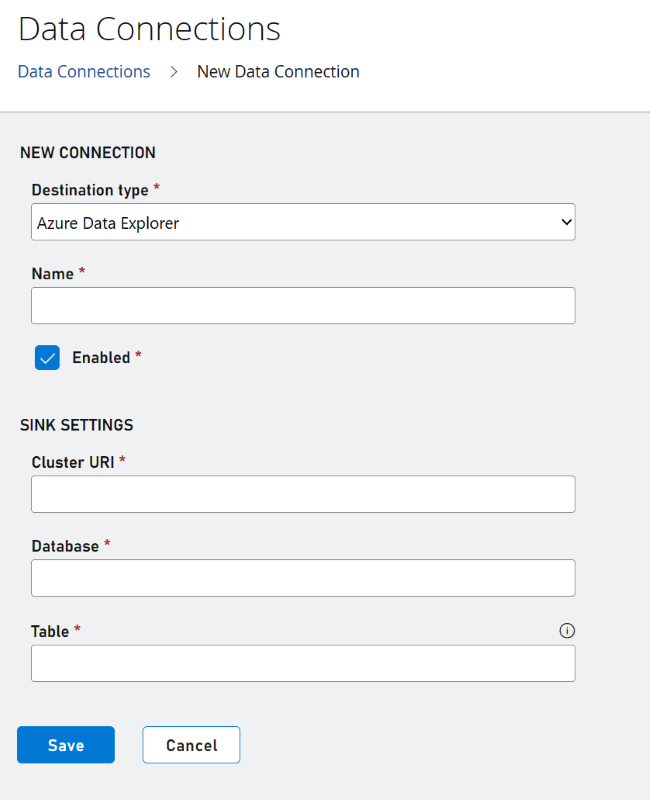 ADX data connection configuration Screenshot of configuring and ADX data connection