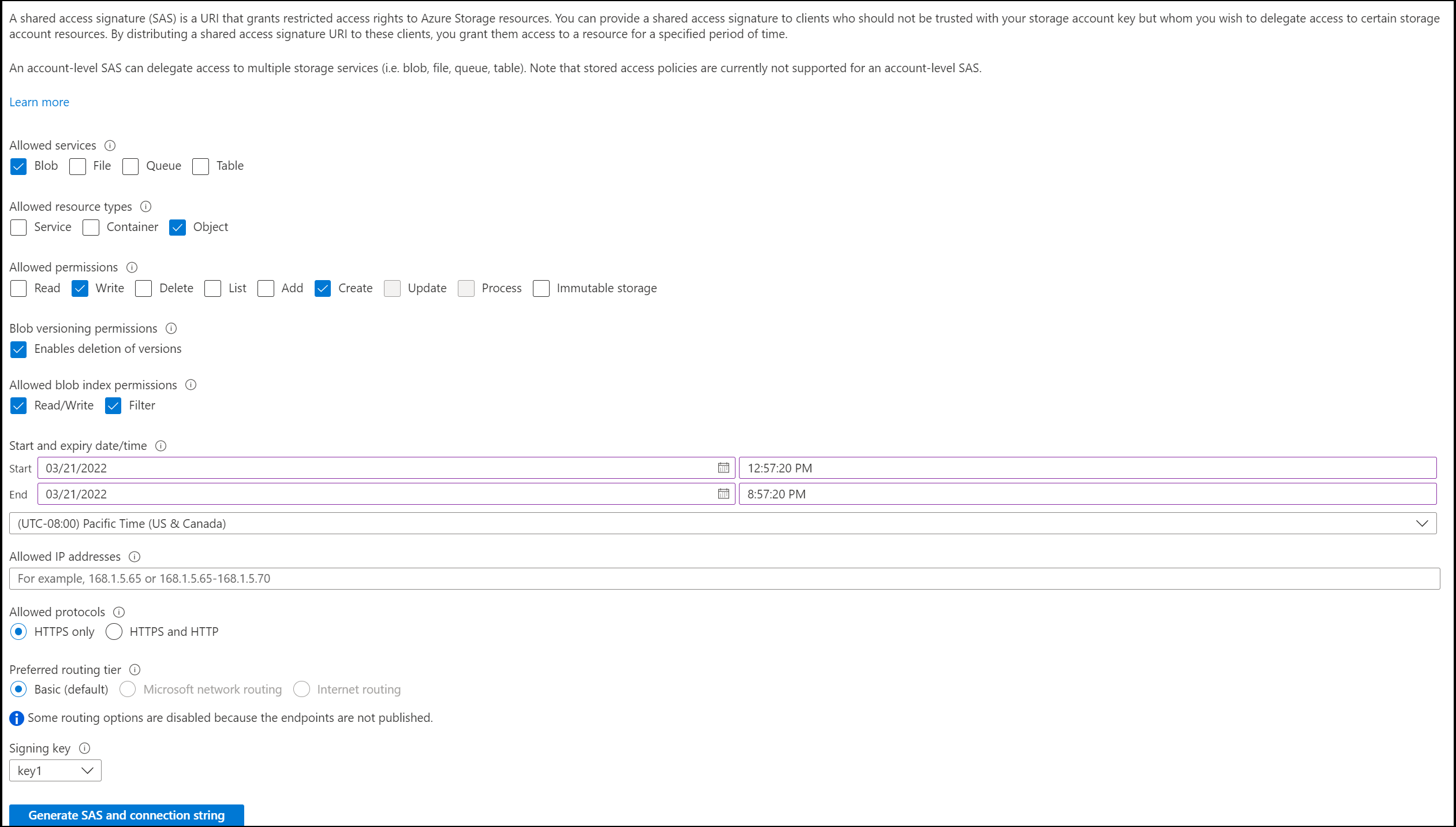 SAS token on the account level - Option 2 Screenshot of SAS token on the account level - Option 2
