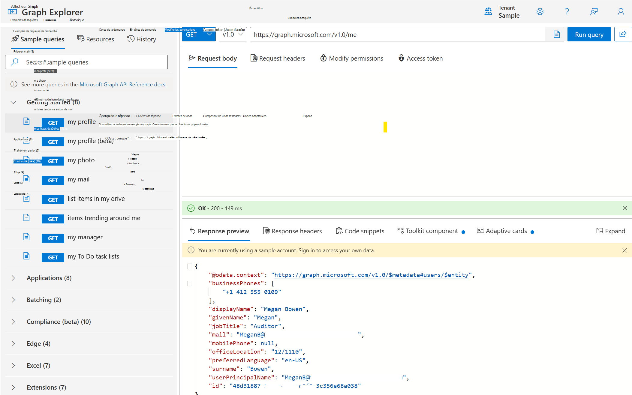 Capture d’écran de l’interface utilisateur Explorer Graph, qui affiche les résultats retournés de la requête GET my profile.