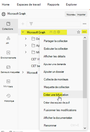 Capture d’écran montrant la collection Graph Microsoft dans Postman et l’option de création d’une bifurcation