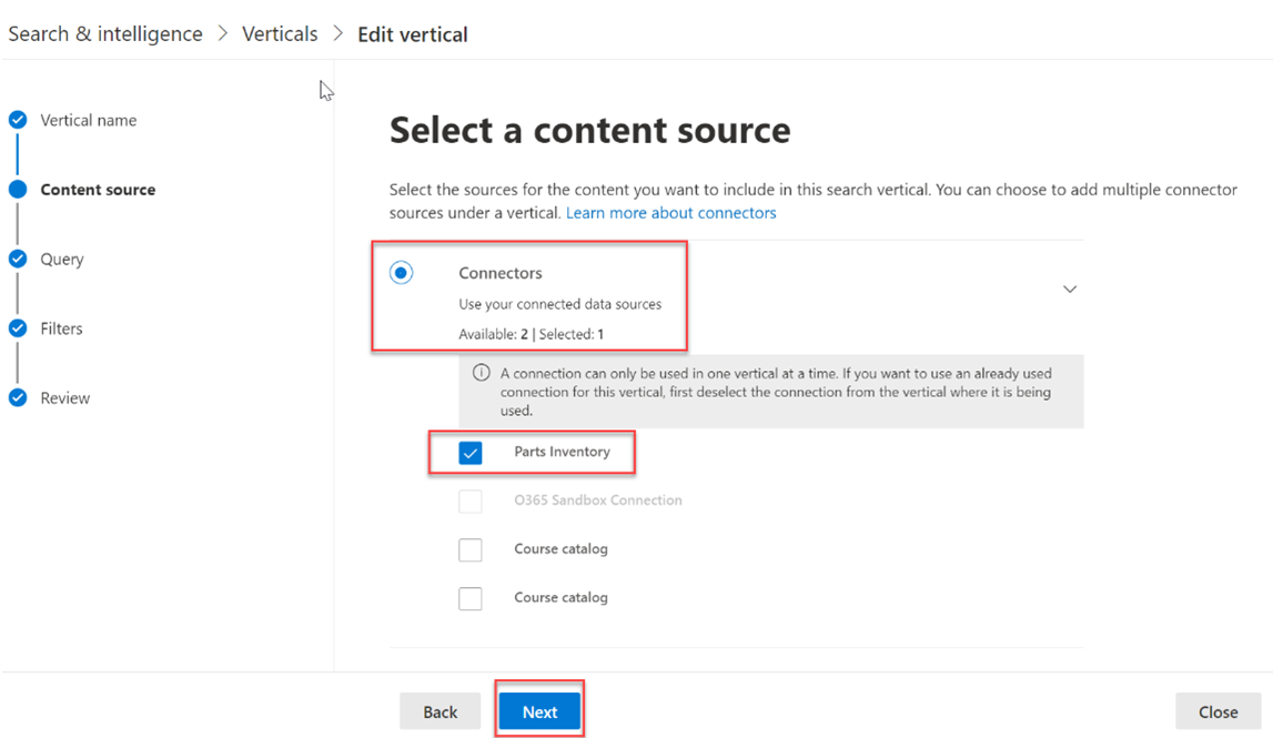 Capture d’écran de la section « Source de contenu » avec le connecteur « Inventaire des composants » sélectionné comme source de contenu