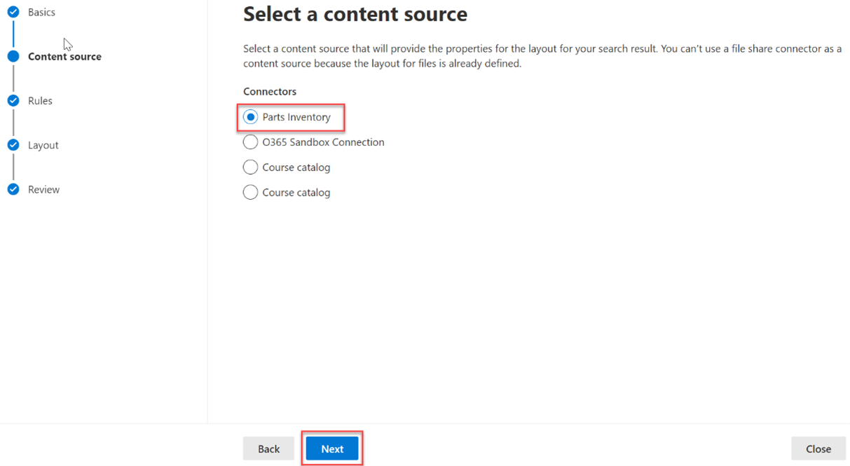 Capture d’écran de la section « Sélectionner une source de contenu » avec le connecteur « Inventaire des composants » sélectionné comme source de contenu