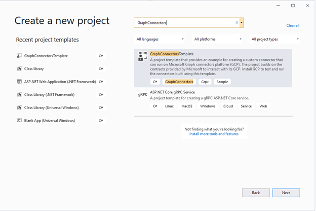 Capture d’écran de la page Créer un projet à partir d’un modèle dans Visual Studio