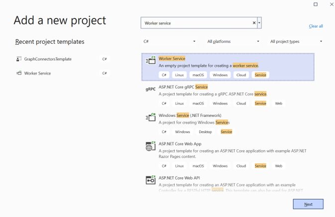 Capture d’écran de la page Ajouter un nouveau projet avec le service Worker sélectionné