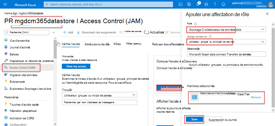 Capture d’écran montrant l’attribution de rôle appropriée à l’application pour Microsoft Graph Data Connect dans le compte de stockage Azure dans le Portail Azure.