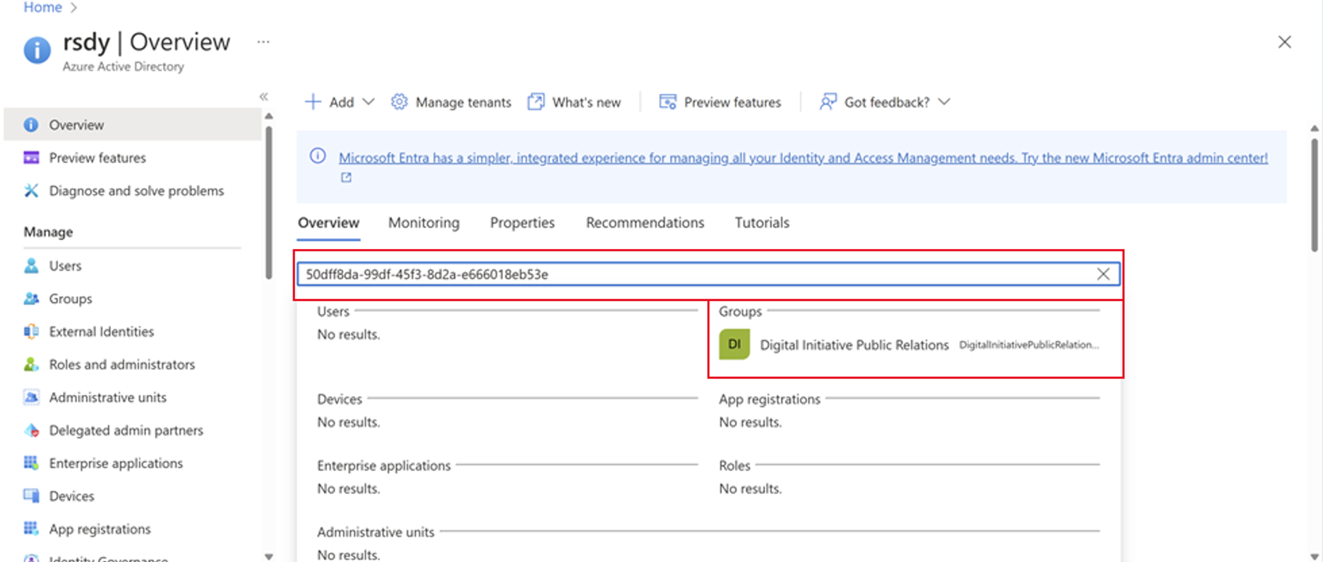 Capture d’écran du centre d’administration Microsoft Entra avec le champ ID de groupe et l’onglet Groupes mis en évidence