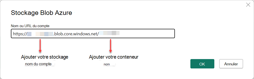 Capture d’écran montrant comment ajouter l’URL du compte Stockage Blob Azure pour obtenir des données dans Power BI.