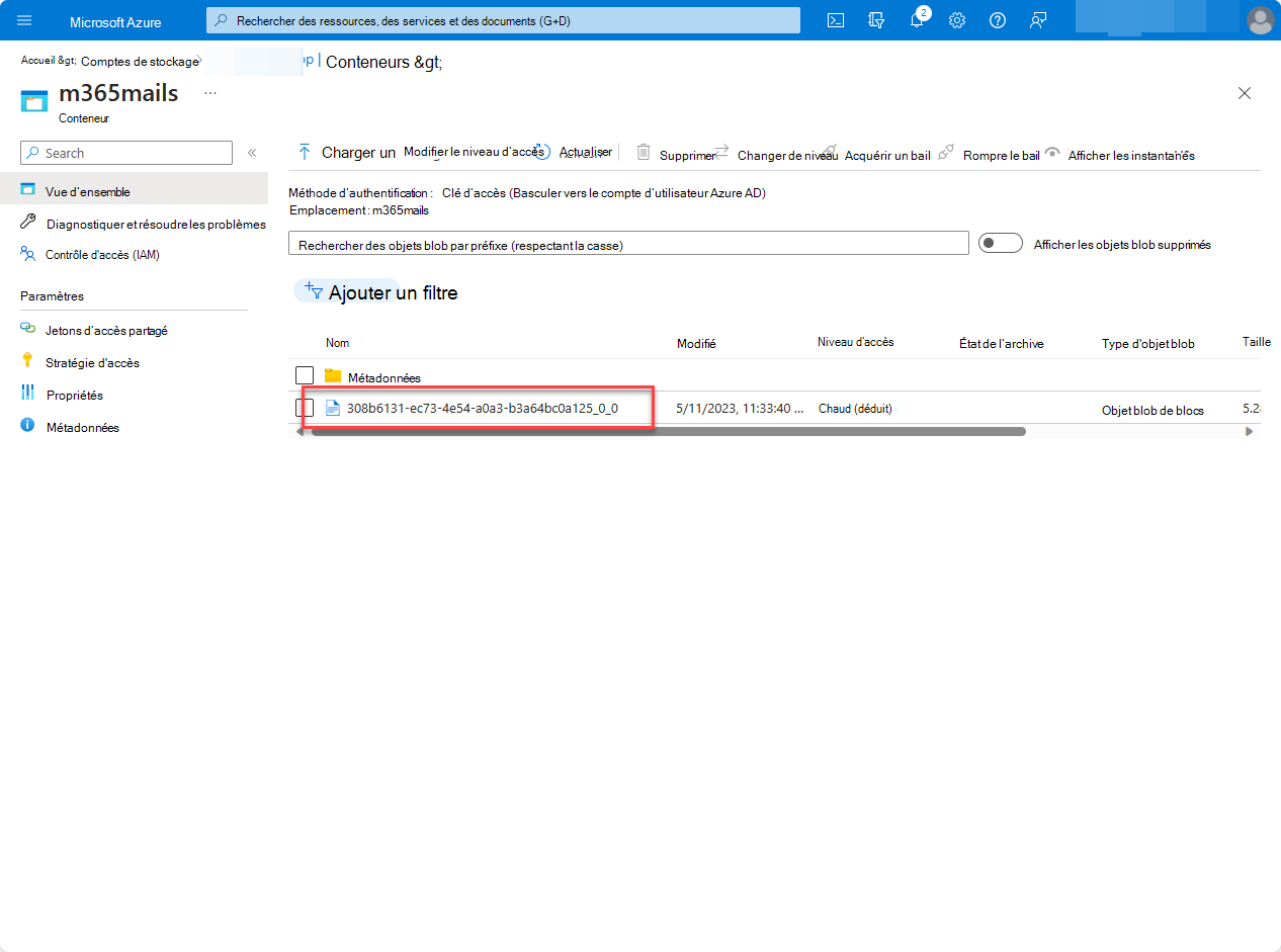 Capture d’écran de l’interface utilisateur Portail Azure qui montre le fichier nouvellement créé dans le conteneur Stockage Azure.