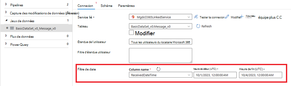 Capture d’écran montrant comment configurer des filtres de jeu de données dans une activité de copie Azure Data Factory.