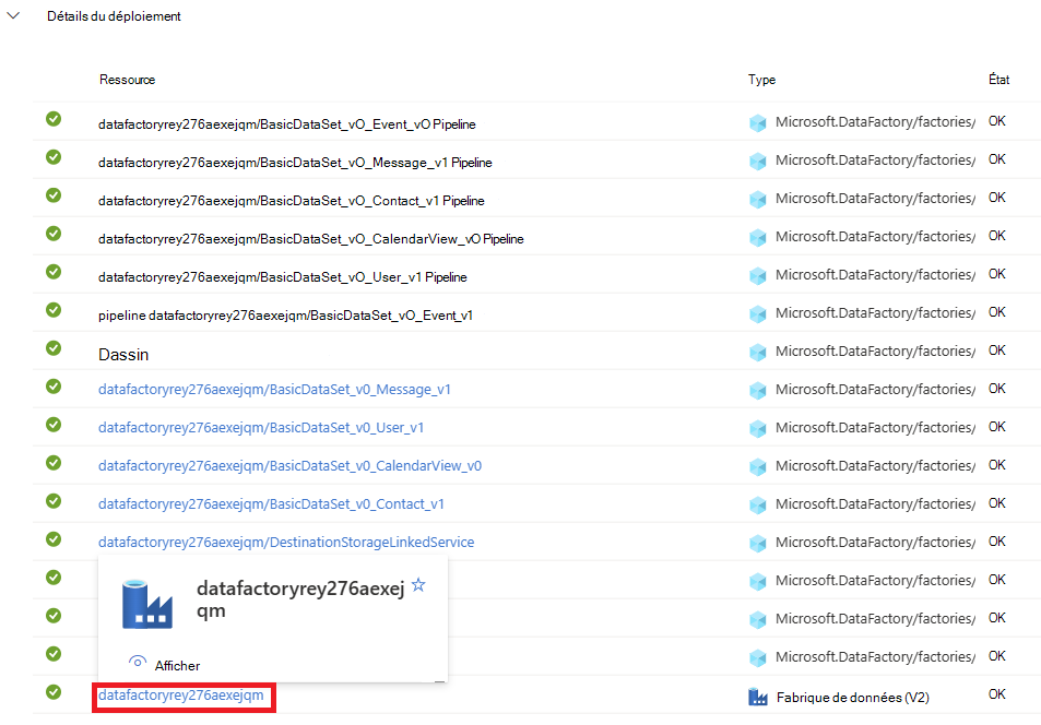 Capture d’écran montrant la sélection d’une ressource Azure Data Factory dans la section Détails du déploiement.