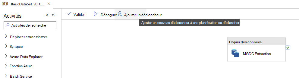 Capture d’écran mettant en évidence le bouton Ajouter un déclencheur dans un pipeline Azure Data Factory.