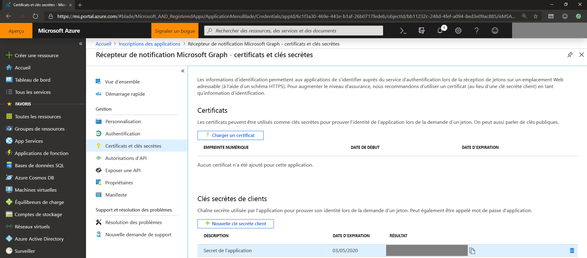Capture d’écran de certificats et secrets d’application sur le portail Azure