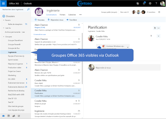 Capture d’écran d’Outlook sur le web avec les groupes répertoriés dans le dossier « Groups »