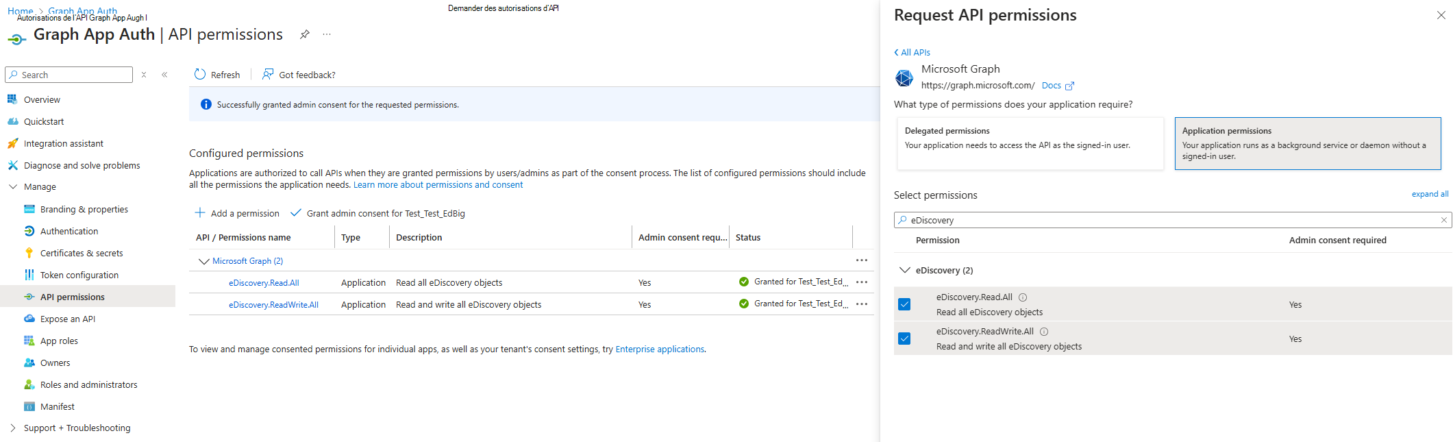 Capture d’écran de la page des autorisations de l’API d’inscription d’application.