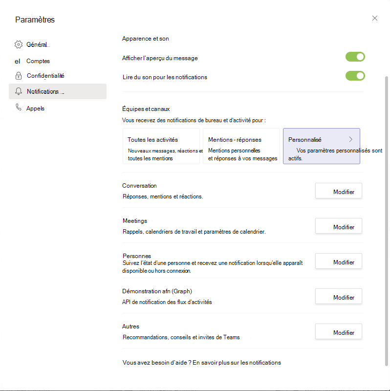 Capture d’écran des paramètres notifications dans Teams, avec l’option Personnalisé mise en évidence