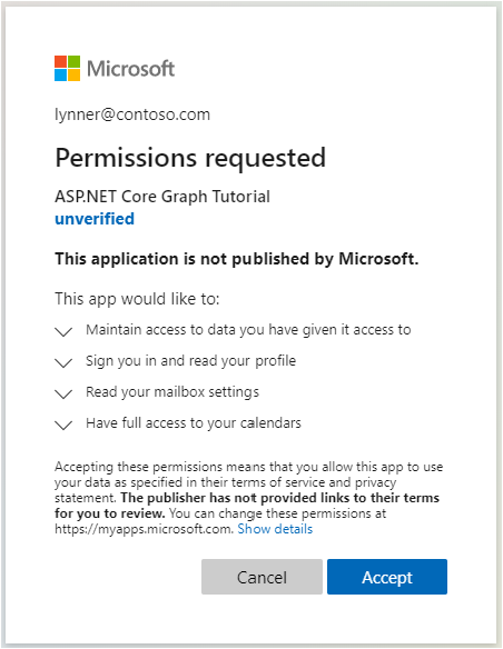 Capture d’écran de l’invite Plateforme d'identités Microsoft consentement de l’utilisateur