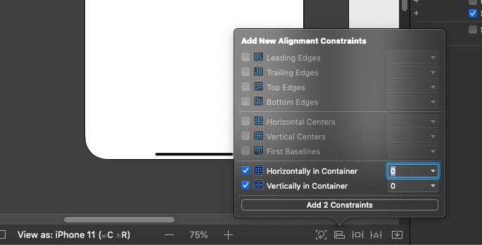 Capture d’écran des paramètres de contraintes d’alignement dans Xcode