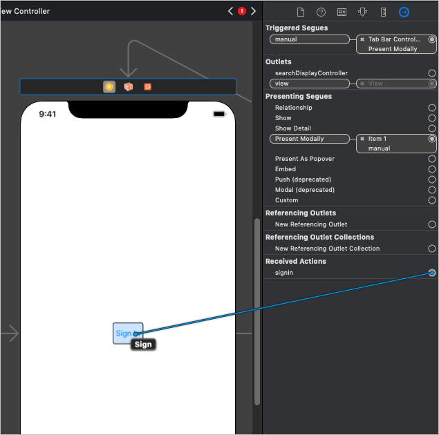 Capture d’écran du glissement de l’action signIn vers le bouton dans Xcode