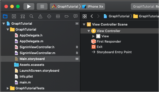 Capture d’écran de Xcode avec le contrôleur d’affichage sélectionné