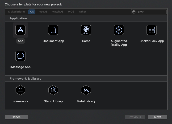 Capture d’écran de la boîte de dialogue de sélection du modèle Xcode