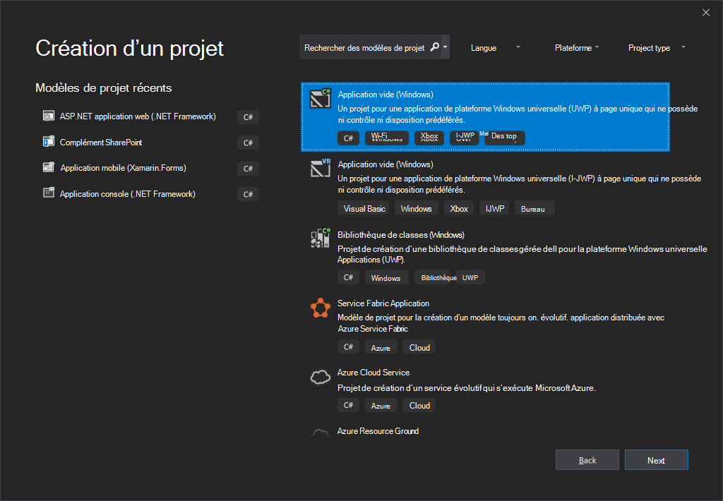 Visual Studio 2019 : boîte de dialogue Créer un projet