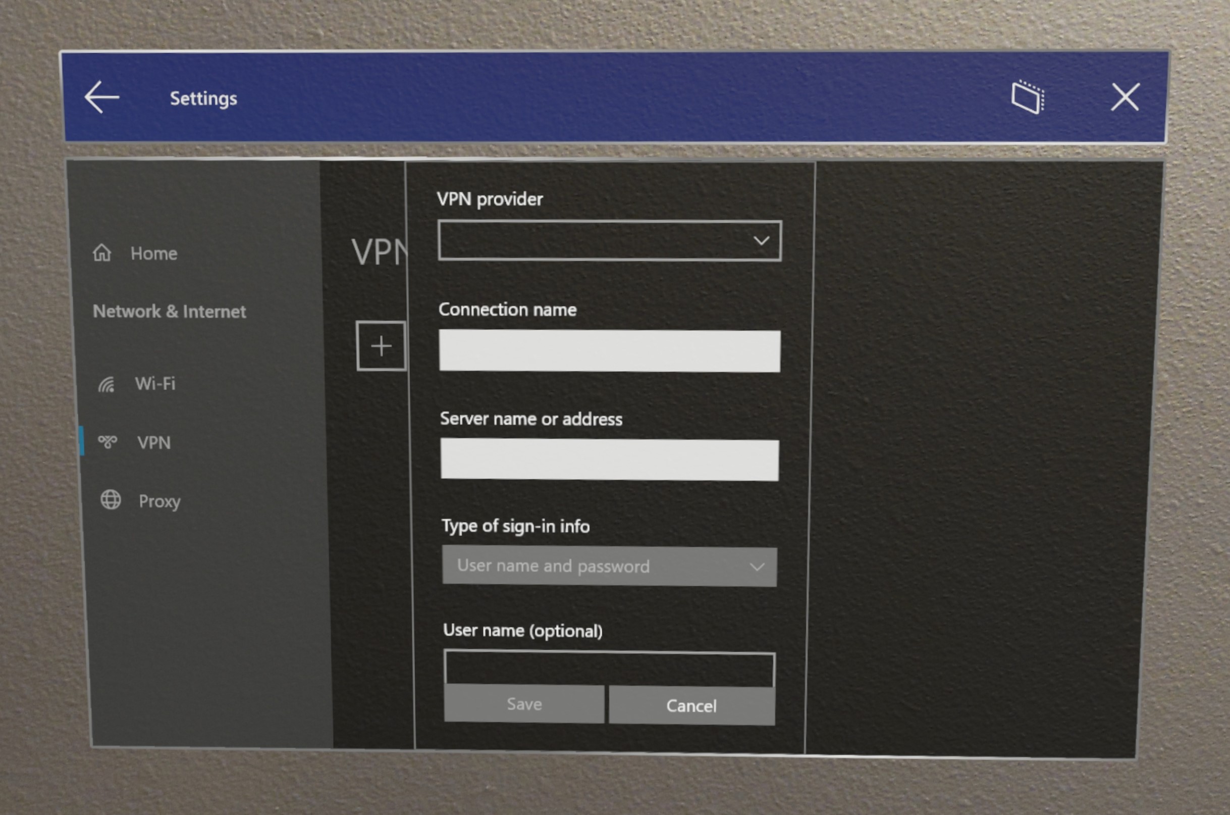 Paramètres VPN HoloLens.