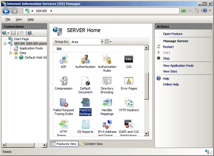 Capture d’écran de la page d’accueil du serveur dans I I S Manager. L’icône THe pour Fast C G I Paramètres est mise en surbrillance.