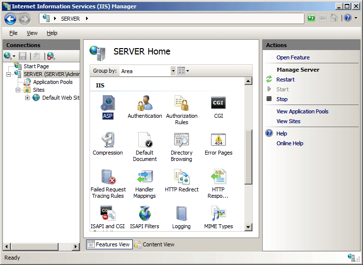 Screenshot of the SERVER Home pane with A S P selected.