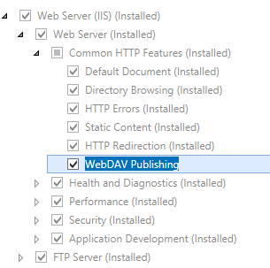 Screenshot showing the Server Roles page with table of contents highlighting the Web D A V Publishing checkbox option.