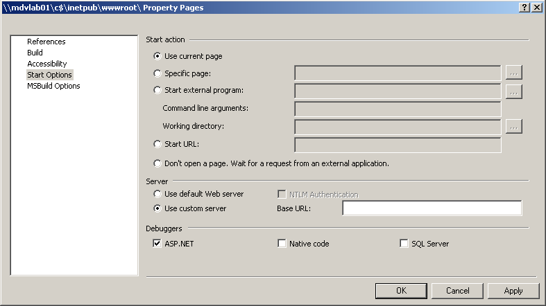 Capture d’écran de la boîte de dialogue Options de démarrage montrant l’option Utiliser un serveur personnalisé dans la section Serveur sélectionnée.