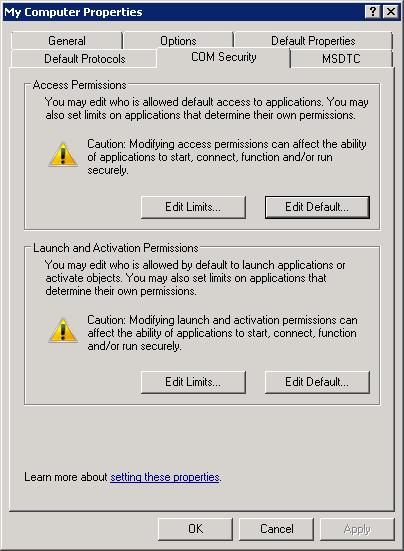 Capture d’écran de la boîte de dialogue Propriétés de mon ordinateur. L’onglet Sécurité COM s’affiche.