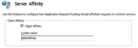 Capture d’écran de la page de fonctionnalité Affinité du serveur. La case activée box en regard de l’affinité client est affichée. Dans la zone De nom de cookie, le texte A R R Affinity s’affiche.