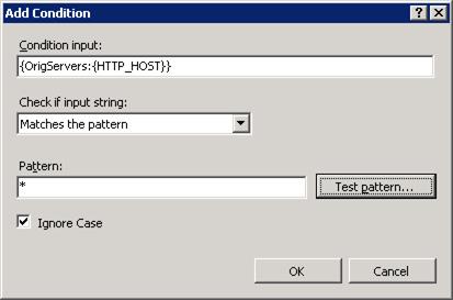 Screenshot of the Add Condition dialog showing origin server data with Pattern is set to *.