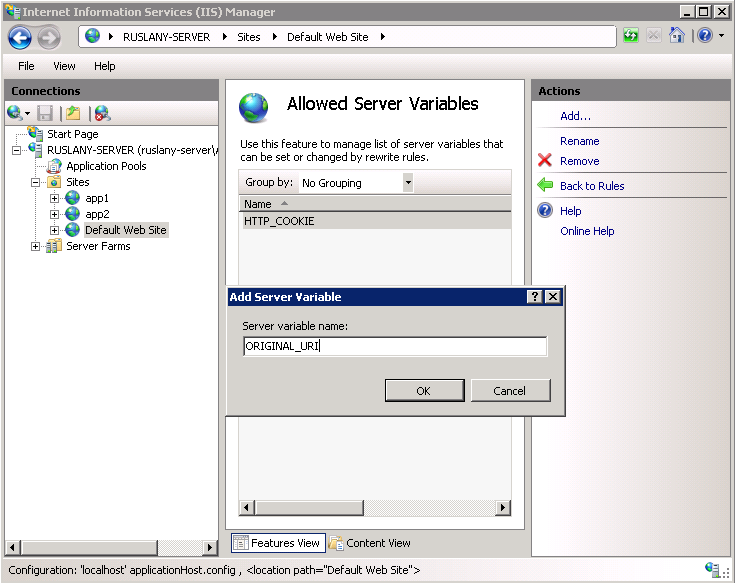 Screenshot of the Add Server Variable dialog box with ORIGINAL underscore U R I entered as the Server variable name.