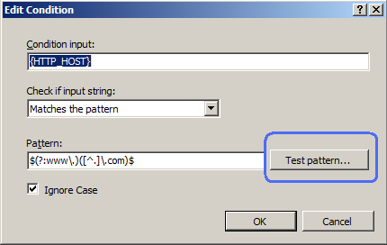 Screenshot of the Edit Condition dialog box. The Test pattern button is highlighted.