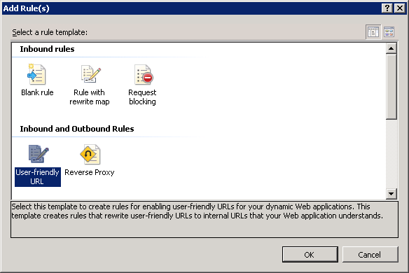 Screenshot of the Add Rules dialog box. The icon for User-friendly U R L is highlighted.