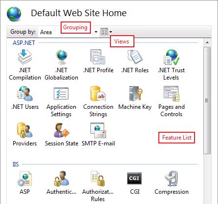 Capture d’écran du volet d’accueil du site web par défaut montrant le regroupement, les affichages et la liste des fonctionnalités.