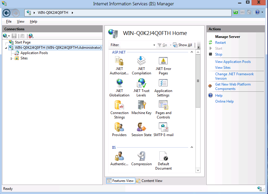 Capture d’écran de I S Manager montrant le nœud Pools d’applications et le nœud Sites développé avec Web Platform Installer mis en surbrillance.