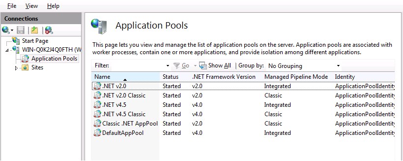 Capture d’écran du nœud Pools d’applications avec la liste des pools d’applications installés pour une utilisation par I I S 8 dot 0.