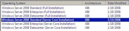 Capture d’écran montrant l’installation standard de Windows Server 2008 sélectionnée.