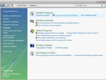 Capture d’écran de la page d’accueil Panneau de configuration. Le menu programmes s’affiche.