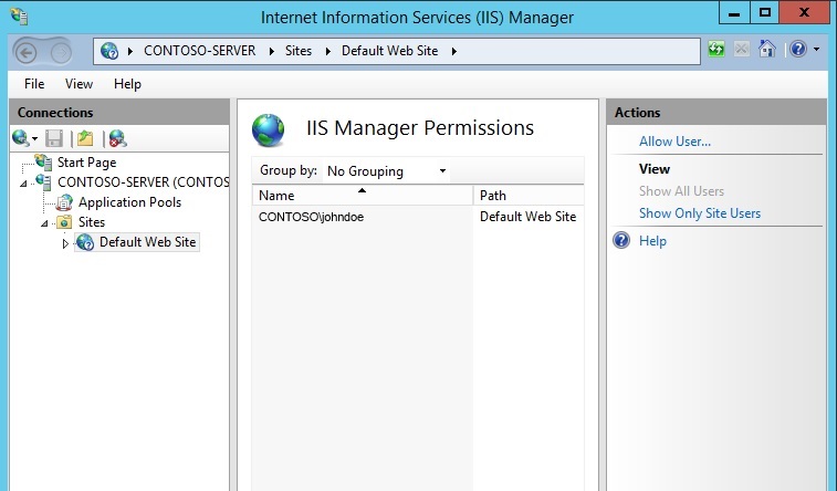 Capture d’écran du volet I S Manager Permissions. Sous Nom est le texte C O N T O O S O backslash john doe. Sous Chemin d’accès, il s’agit du site web par défaut.