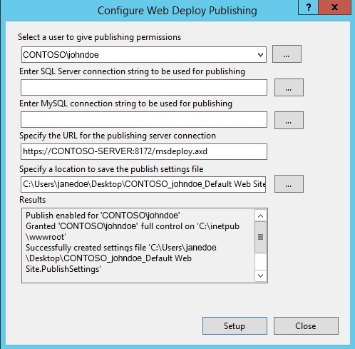 Capture d’écran de la boîte de dialogue Configurer la publication Web Deploy. Sous Sélectionner un utilisateur pour accorder des autorisations de publication, il s’agit de la barre oblique inverse C O N T O doe john doe. Le bouton Configuration s’affiche.