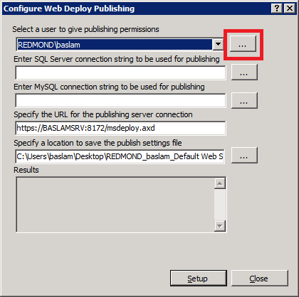 Capture d’écran montrant la boîte de dialogue Configurer la publication Web Deploy. Les points de suspension sur la première variable sont mis en surbrillance.
