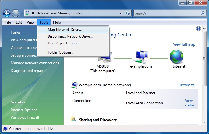 Image of Network and Sharing Center in the Windows Control Panel with Map Network Drive selected from Tools drop down list.