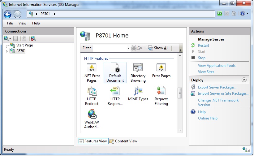 Screenshot of the P 8701 Home page. The default Document icon is selected.