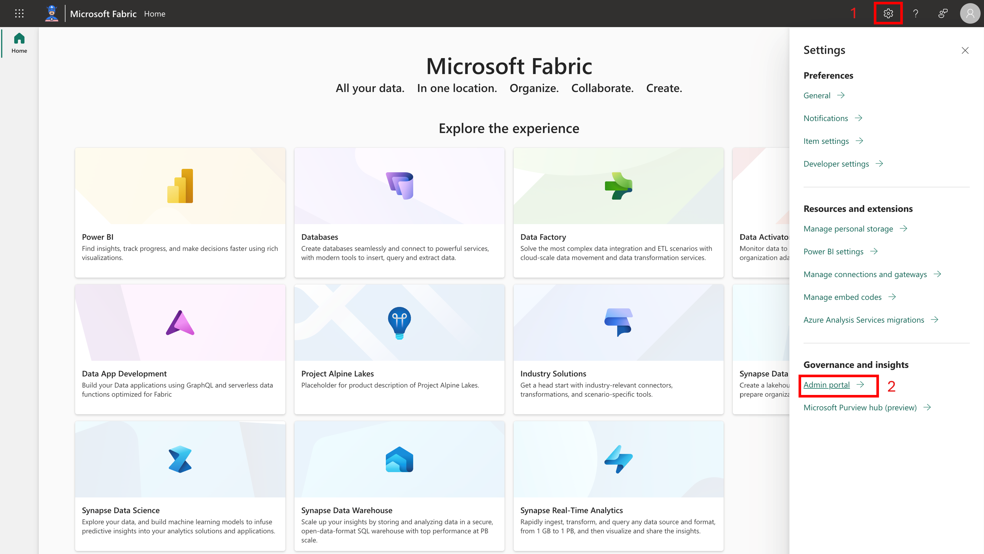 Capture d’écran montrant l’icône d’engrenage et l’accès au portail d’administration depuis la page d’accueil Microsoft Fabric.