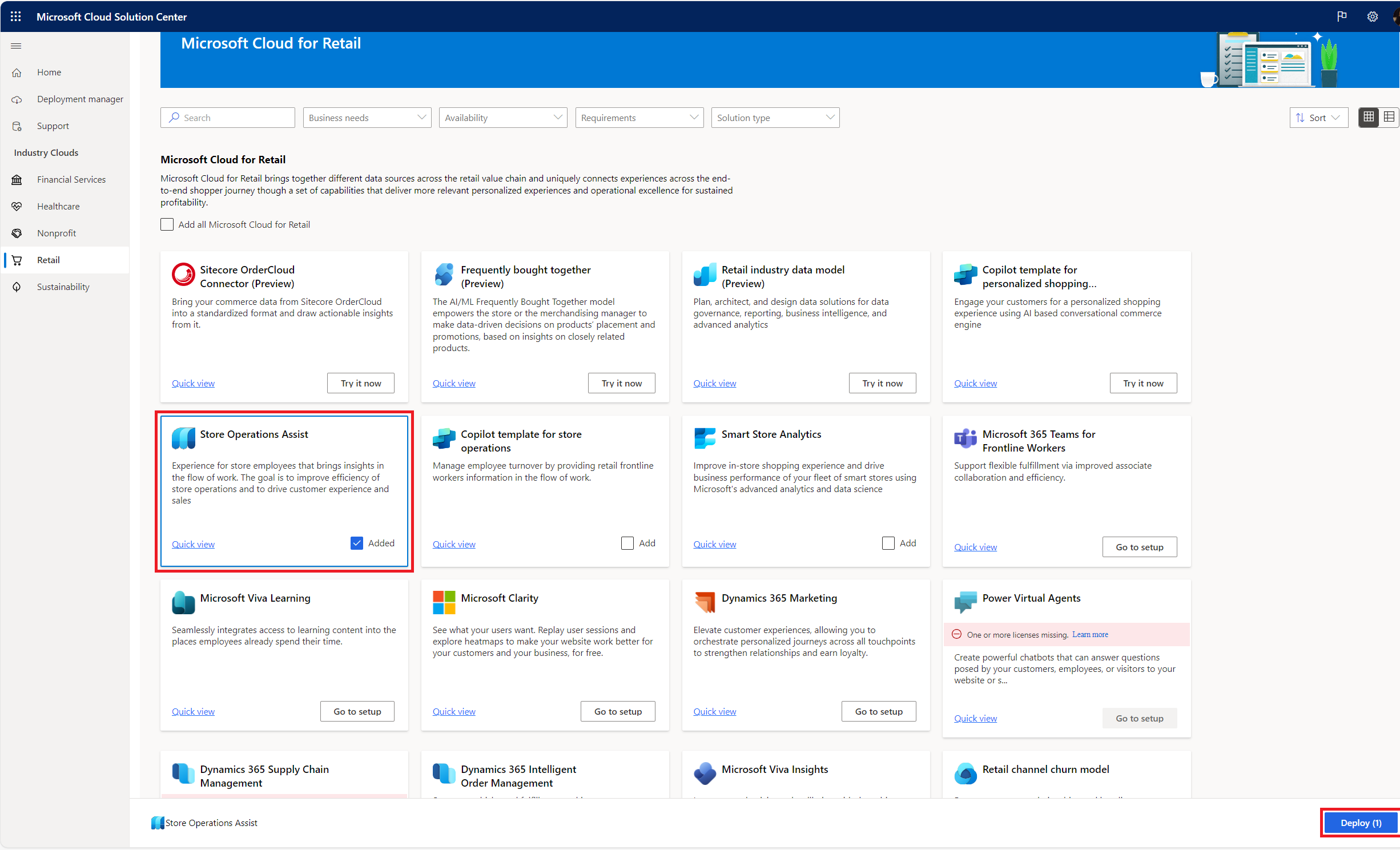 Capture d’écran de la page Microsoft Cloud for Retail du centre de solutions montrant les solutions